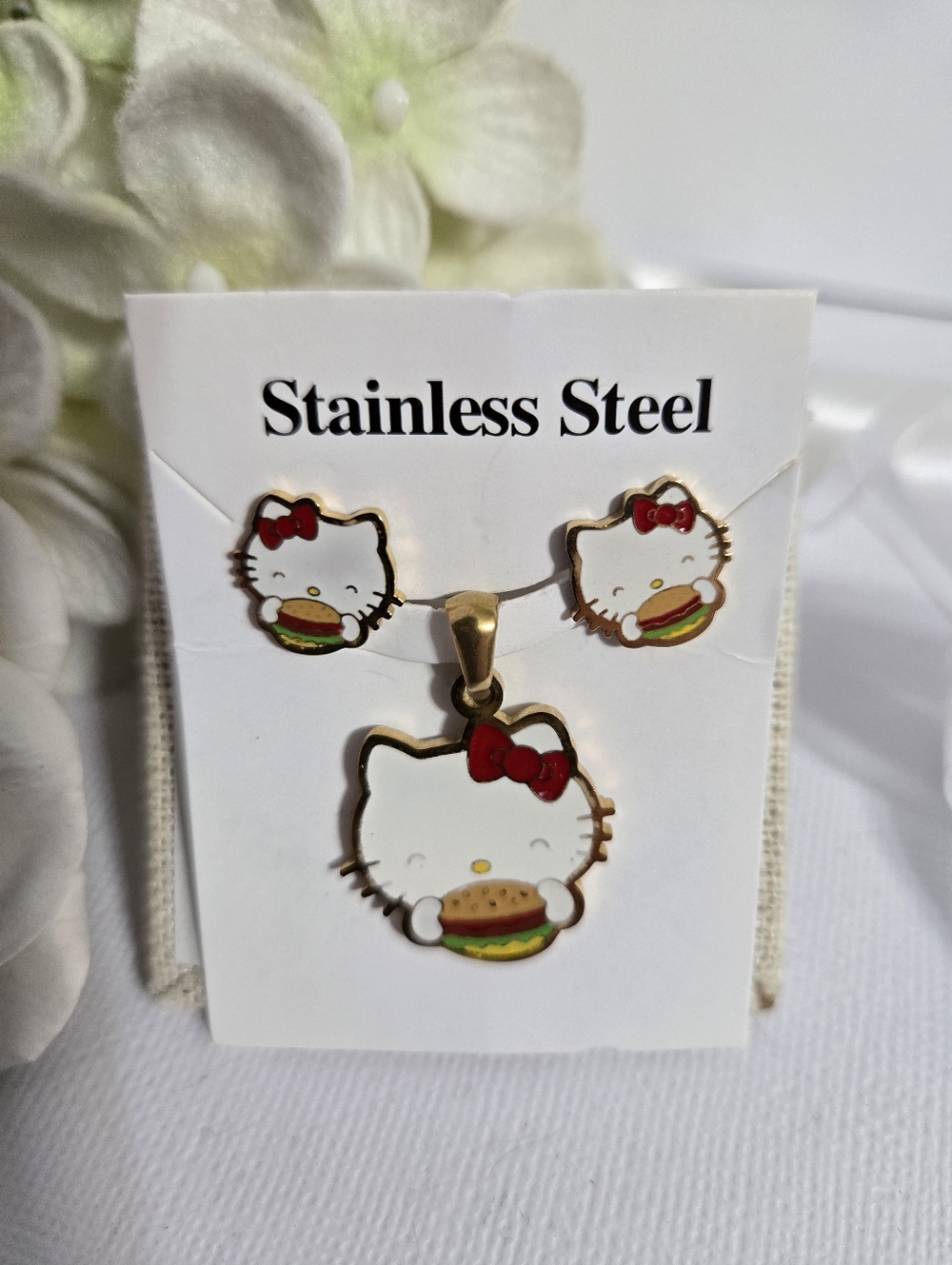 Hello Kitty Hamburger Stainless Steel Post Earrings and Necklace Set NWT!